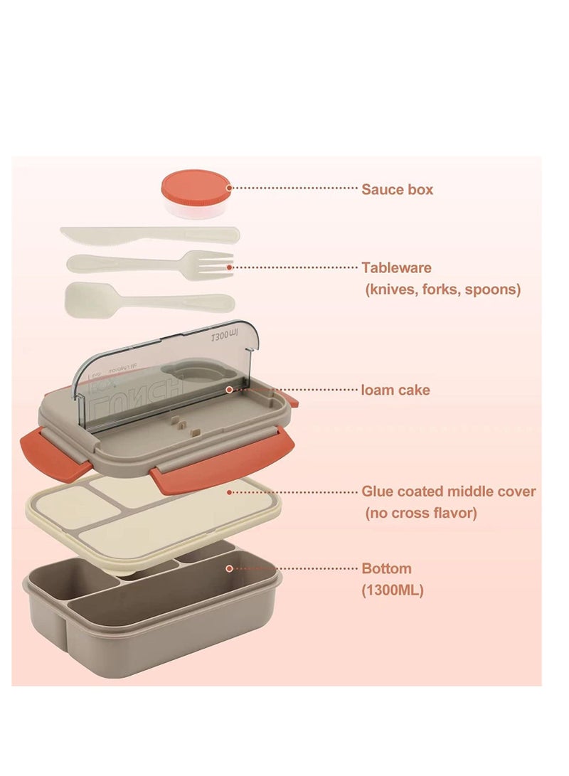 Bento Box Lunch Boxes Stackable for Adults Leak-Proof Container with Compartments 4-in-1 Lunchbox Sauce Pot Cutlery Set Microwave Dishwasher Safe Available 1300ML (Beige)