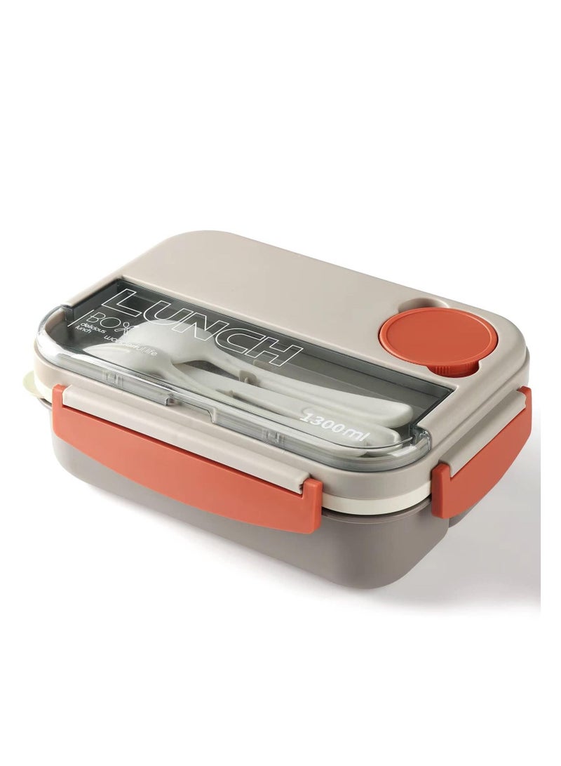 Bento Box Lunch Boxes Stackable for Adults Leak-Proof Container with Compartments 4-in-1 Lunchbox Sauce Pot Cutlery Set Microwave Dishwasher Safe Available 1300ML (Beige)