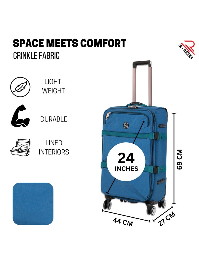 Reflection 28 Inch Crinkle Carryon Suitcase Lightweight Vertical Series Travel Soft Luggage Trolley with 121L Storage Capacity and 4 Spinner Wheels Teal Blue