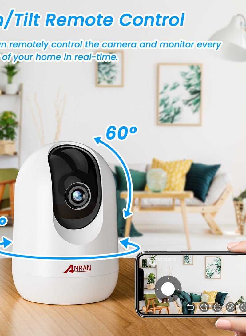 ANRAN Indoor Security Wifi PTZ camera, Two-Way Audio, Remote Control and Motion Detect Alarm, Built in Motor with 360° Horizontal Rotation ,Flexible installation with 3M Tape, Supports TF card record
