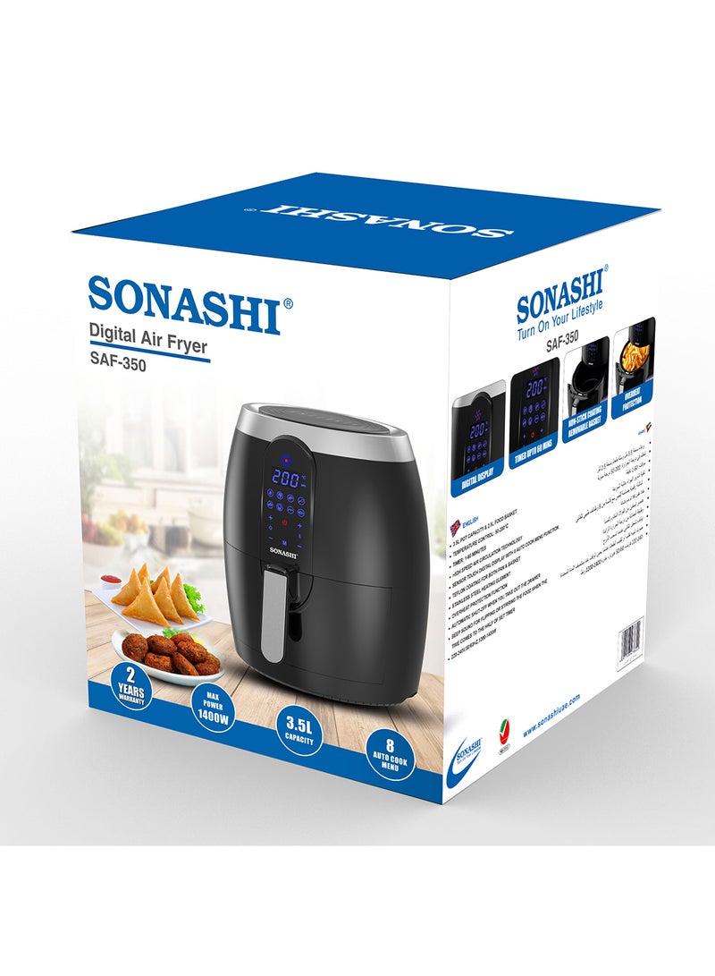 Digital Air Fryer With 3.5L Capacity | 8 Auto-Cook Menu Functions for Oil-Free Cooking | LED Display-Touch Screen with 50-200C Temperature Control | Air Fryer 3.5 L 1400 W SAF-350 Black