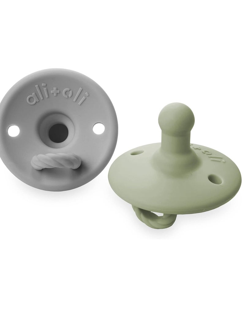 Ali+Oli Pacifier for Baby (2-pk) Original Round Edge (Grey & Sage) One-Size BPA-Free Silicone Soother Set for Newborn & Up