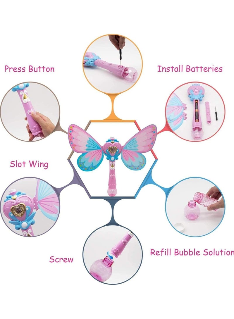 Magic Bubble Wand Blower Musical Light Up Butterfly Fairy Stick Bubbles Marker Toy for Kids Party Wedding Outdoor Activity Bubble Machine with 2 Bottle Bubbles Refill