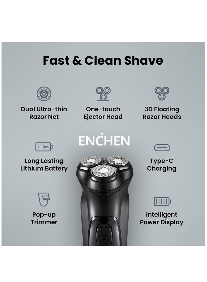ENCHEN Blackstone Electric Shaver with Pop-up Trimmer for Men, 3D Floating Head, 5W Power, Rechargeable Rotary Razor, 90mins Runtime, 1-Hour Fast USB Type-C Charging