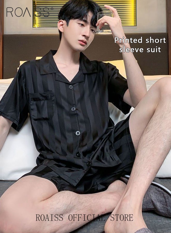 Men 2 Piece Loungewear Set   Short Sleeves & Shorts Ice Silk Pajamas   Comfortable Skin Friendly Fabric Ideal for Home & Outdoor Wear