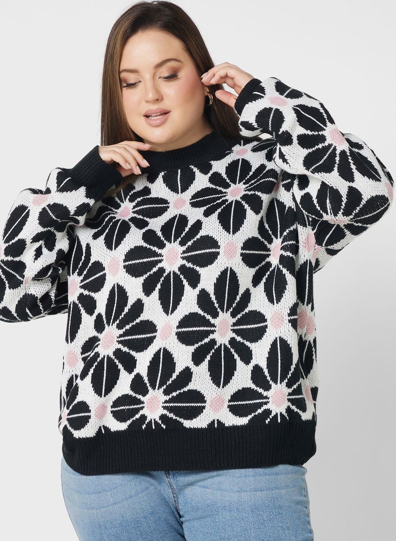 Floral Printed Crew Neck Sweater