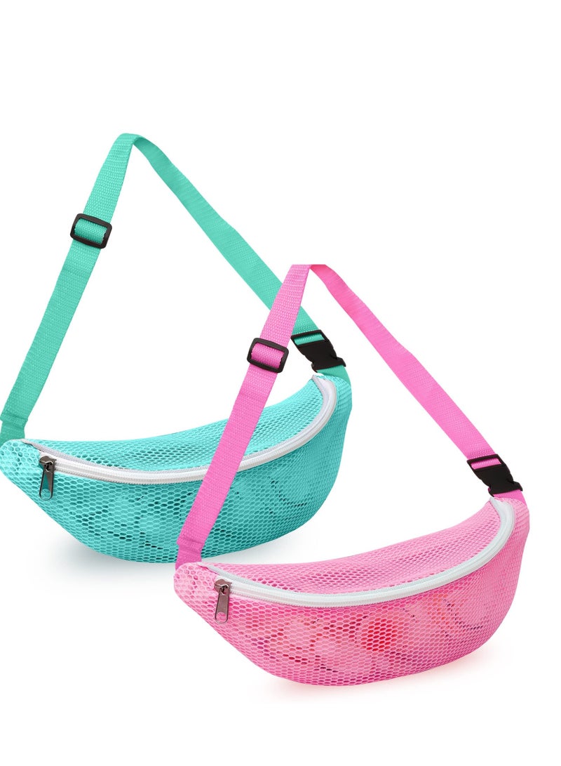 2 PCS Mesh Beach Bag, Shell Collecting Bag, Adjustable Strap Kids Quick Dry Net Tote, Suitable for Collecting Seashells Rocks for Boys and Girls (Pink & Teal )