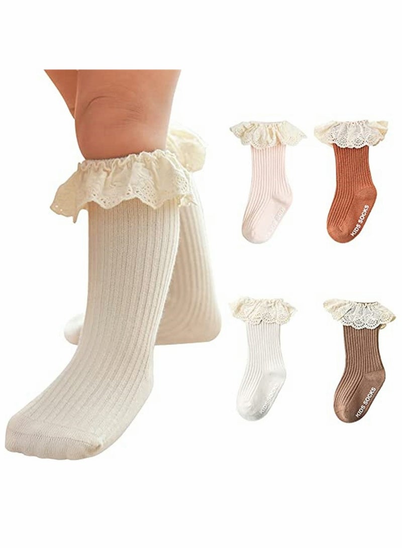 Socks, Baby Toddler, Ruffle Lace Knee Girls Uniform Long Stockings Infants Cotton, Cute Princess Frilly High Dress Socks (4 Pcs)