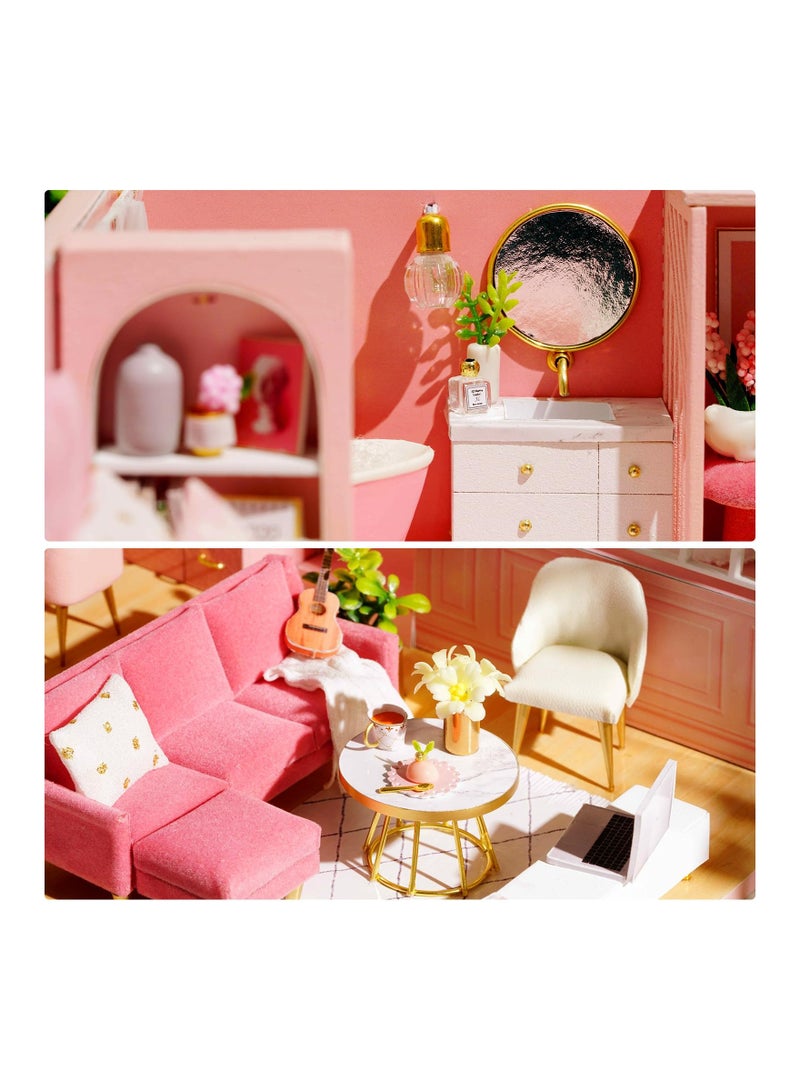 DIY Miniature Dollhouse Kit 1:24 Scale Mini Handmade Wooden Doll House with Music Great Crafts Gift for Birthday Mother's Day Kids Teens Adults Assemble the Villa Model Gift