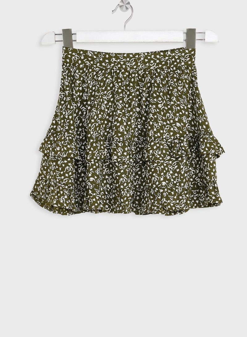 Youth Mirco Floral Print Tiered Skirt