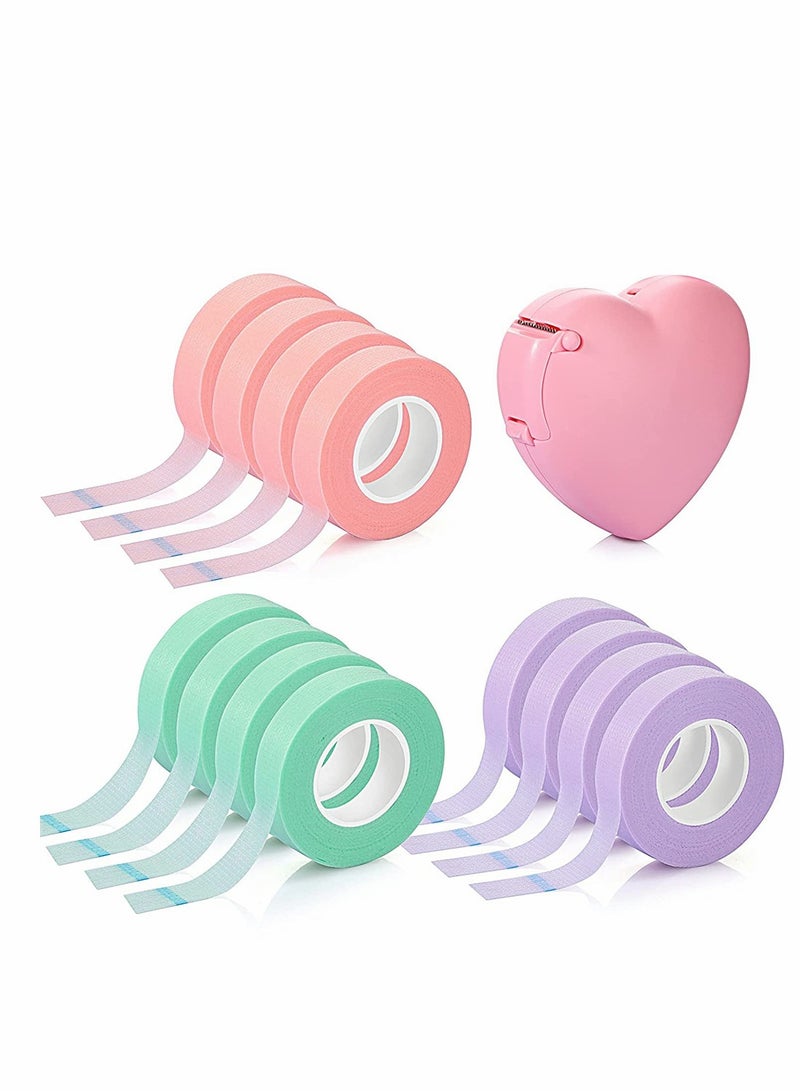 Eyelash Tape, Lash Tape for Eyelash Extension, Adhesive Breathable Micropore Fabric Medical Tape for Eyelash Extension Supply Tape with Tape Dispenser Cutter, Total 12 Rolls
