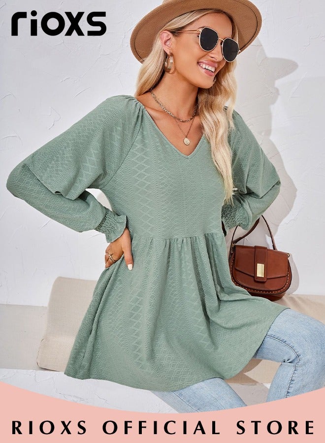 Women's V Neck Tops, Classic Comfortable Long Sleeve Tunic Blouses with Unique Dsign, Elegant Comfortable Loose Fit Blouses, Suitable for a Casual Everyday Look, Formal, and Other Occasions