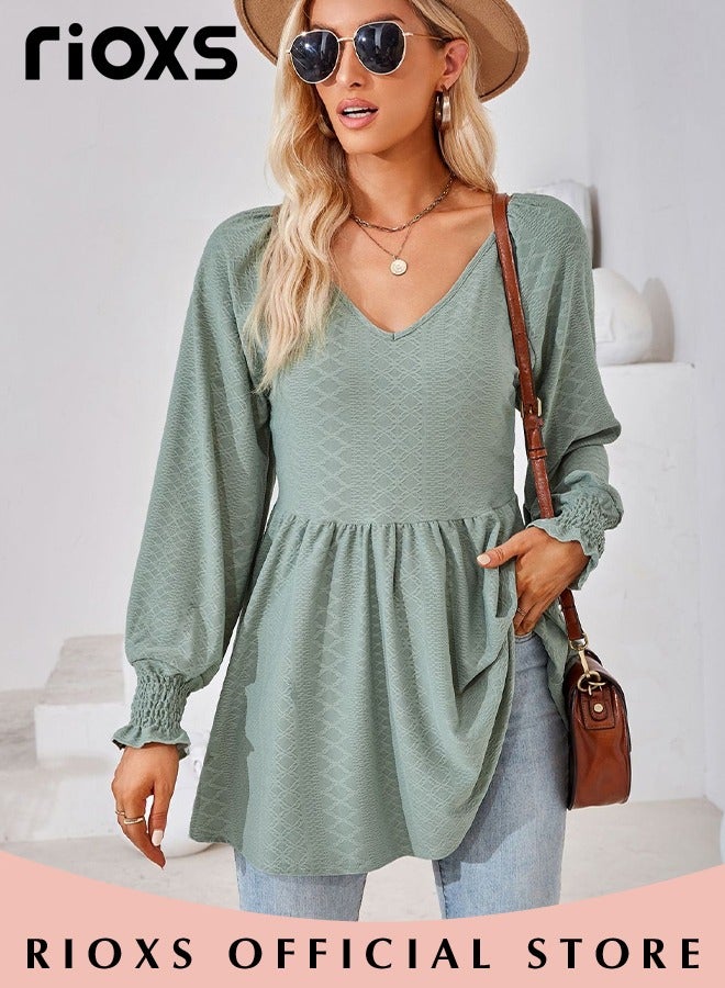 Women's V Neck Tops, Classic Comfortable Long Sleeve Tunic Blouses with Unique Dsign, Elegant Comfortable Loose Fit Blouses, Suitable for a Casual Everyday Look, Formal, and Other Occasions