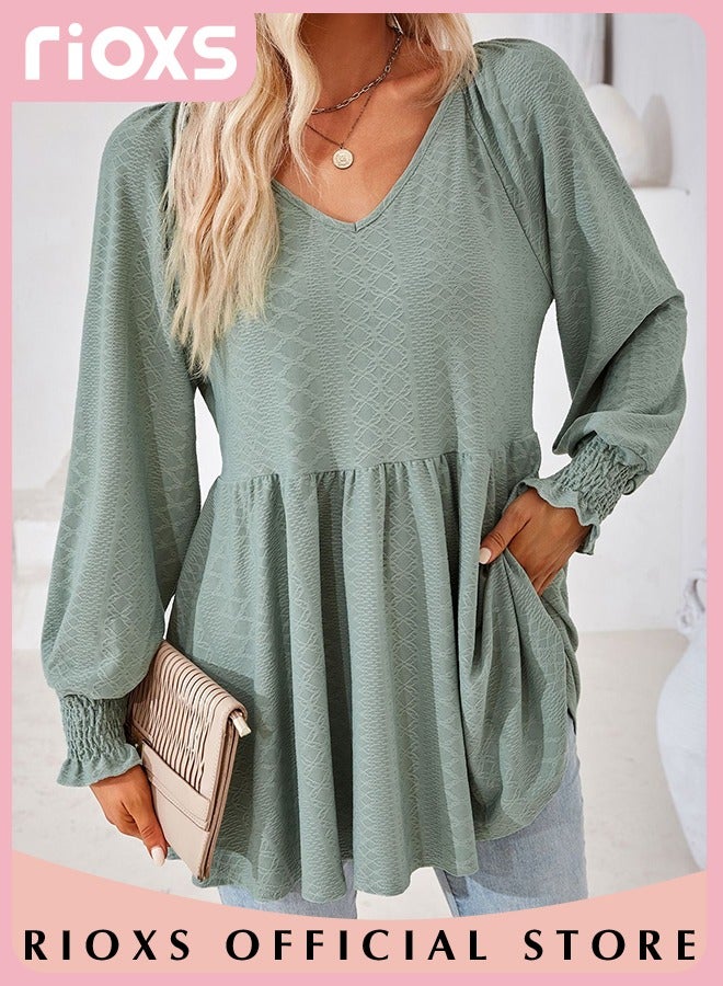 Women's V Neck Tops, Classic Comfortable Long Sleeve Tunic Blouses with Unique Dsign, Elegant Comfortable Loose Fit Blouses, Suitable for a Casual Everyday Look, Formal, and Other Occasions