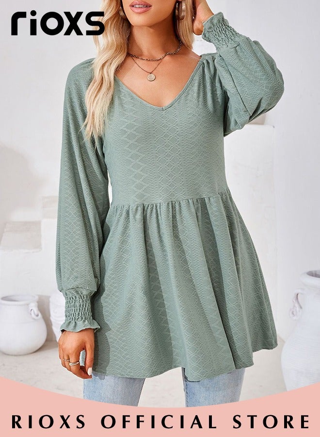 Women's V Neck Tops, Classic Comfortable Long Sleeve Tunic Blouses with Unique Dsign, Elegant Comfortable Loose Fit Blouses, Suitable for a Casual Everyday Look, Formal, and Other Occasions