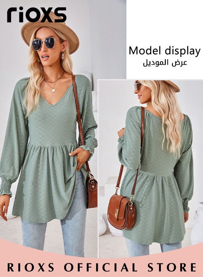 Women's V Neck Tops, Classic Comfortable Long Sleeve Tunic Blouses with Unique Dsign, Elegant Comfortable Loose Fit Blouses, Suitable for a Casual Everyday Look, Formal, and Other Occasions