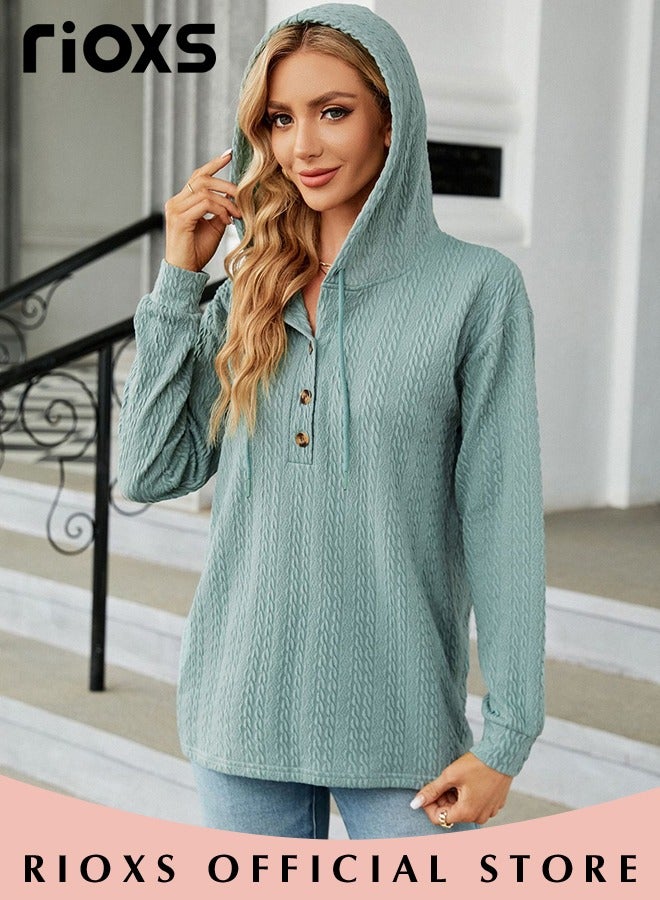 Women's V-neck Button Long Sleeve Shirt Hooded Knitted Solid Color Jacquard Tops Soft and Comfortable Pullover Shirt