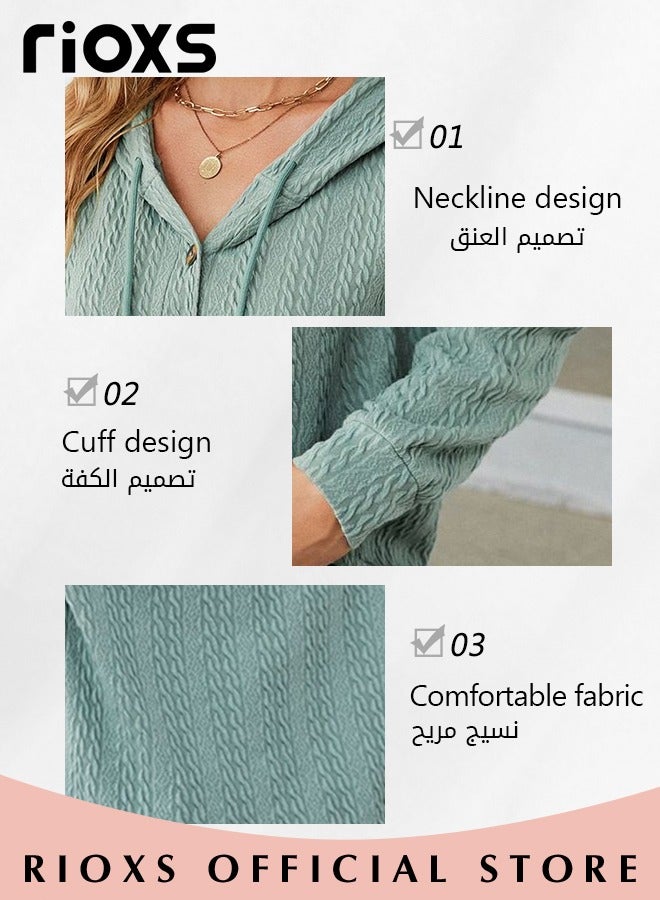 Women's V-neck Button Long Sleeve Shirt Hooded Knitted Solid Color Jacquard Tops Soft and Comfortable Pullover Shirt