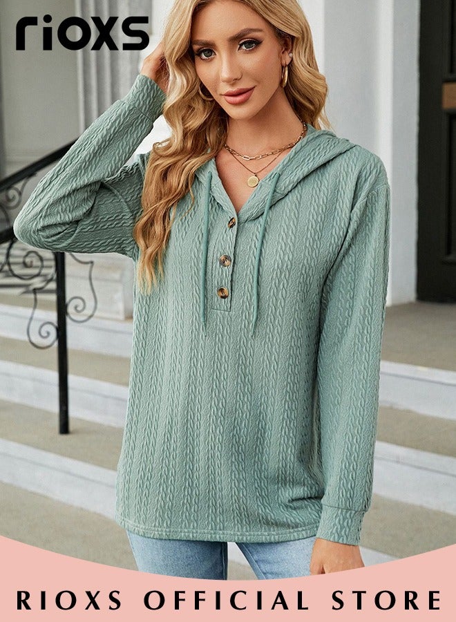 Women's V-neck Button Long Sleeve Shirt Hooded Knitted Solid Color Jacquard Tops Soft and Comfortable Pullover Shirt