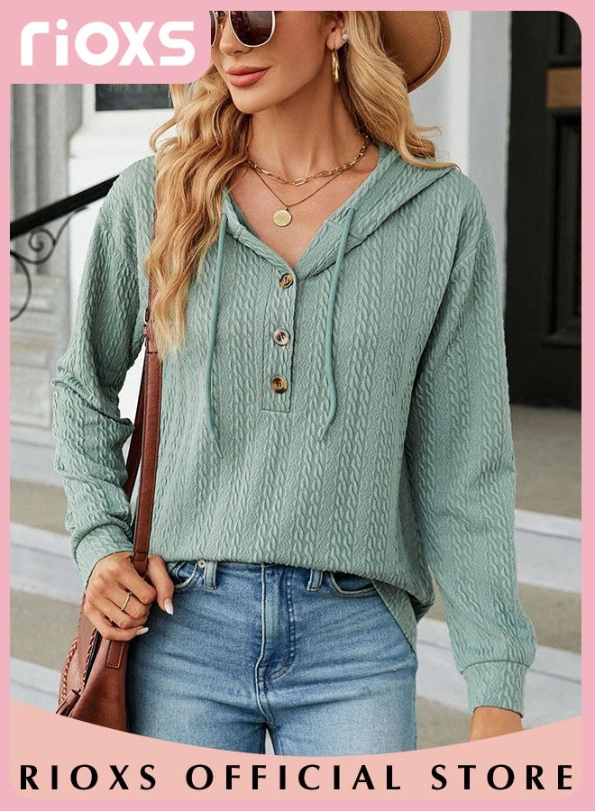 Women's V-neck Button Long Sleeve Shirt Hooded Knitted Solid Color Jacquard Tops Soft and Comfortable Pullover Shirt