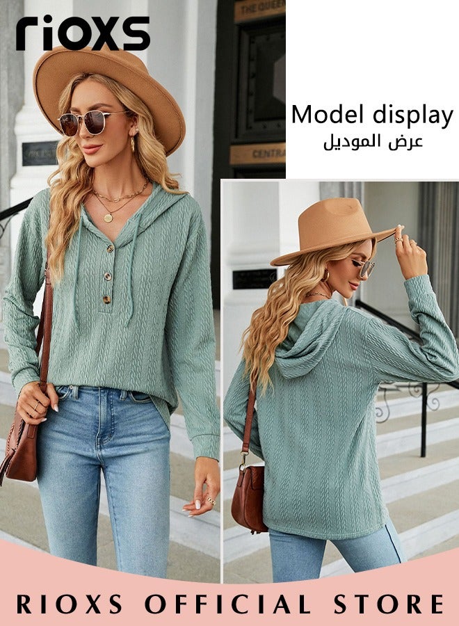 Women's V-neck Button Long Sleeve Shirt Hooded Knitted Solid Color Jacquard Tops Soft and Comfortable Pullover Shirt