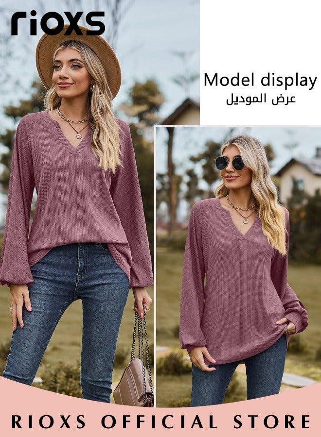 Women's V-neck Long Sleeve Shirt Knitted Loose Sleeves Fitted Solid Color Jacquard Tops Hoodie Soft and Comfortable Pullover Shirt