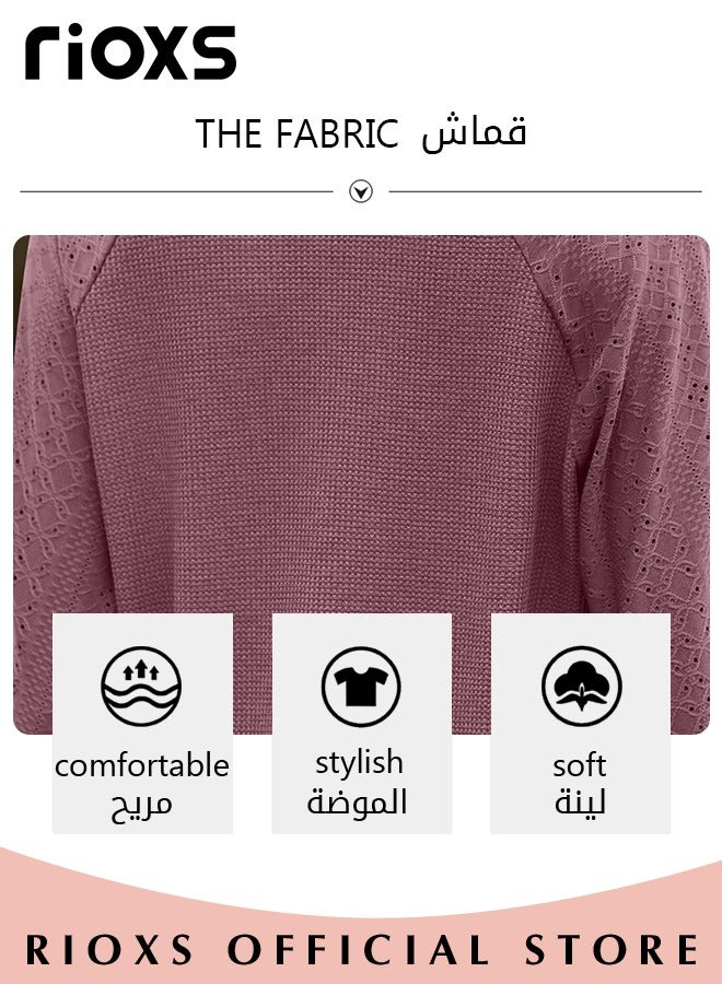 Women's V-neck Long Sleeve Shirt Knitted Loose Sleeves Fitted Solid Color Jacquard Tops Hoodie Soft and Comfortable Pullover Shirt