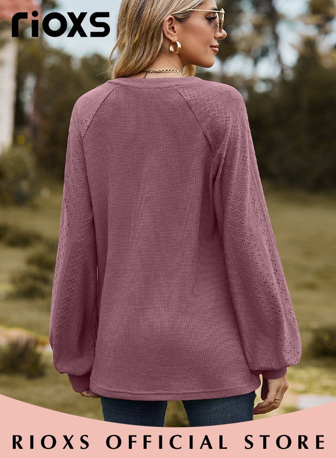 Women's V-neck Long Sleeve Shirt Knitted Loose Sleeves Fitted Solid Color Jacquard Tops Hoodie Soft and Comfortable Pullover Shirt