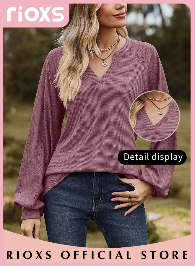 Women's V-neck Long Sleeve Shirt Knitted Loose Sleeves Fitted Solid Color Jacquard Tops Hoodie Soft and Comfortable Pullover Shirt