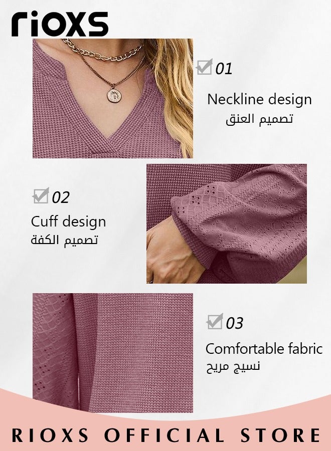 Women's V-neck Long Sleeve Shirt Knitted Loose Sleeves Fitted Solid Color Jacquard Tops Hoodie Soft and Comfortable Pullover Shirt