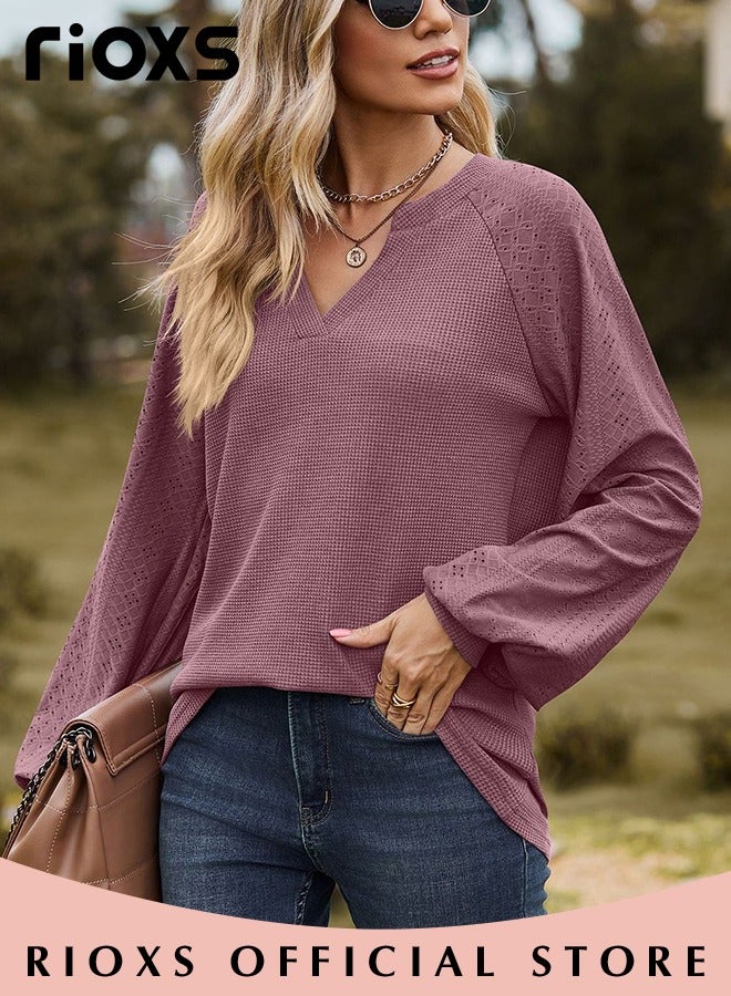 Women's V-neck Long Sleeve Shirt Knitted Loose Sleeves Fitted Solid Color Jacquard Tops Hoodie Soft and Comfortable Pullover Shirt