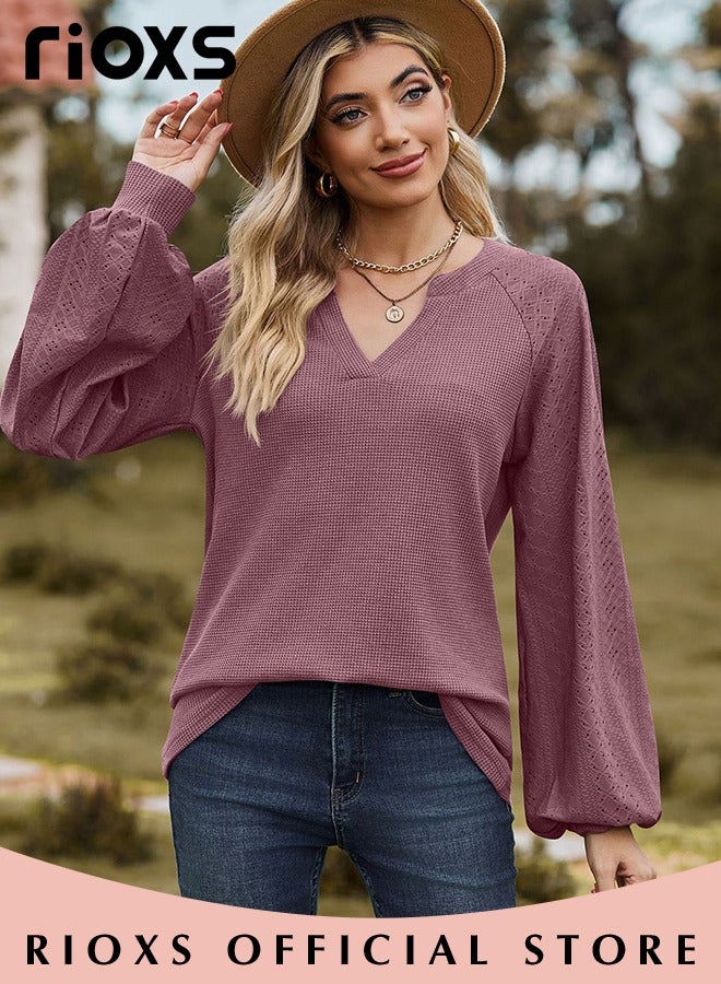 Women's V-neck Long Sleeve Shirt Knitted Loose Sleeves Fitted Solid Color Jacquard Tops Hoodie Soft and Comfortable Pullover Shirt
