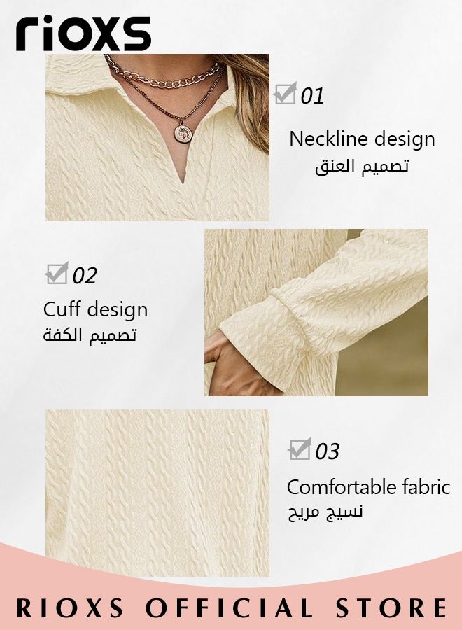 Women's V-neck Long Sleeve Fitted Shirts, Loose Casual Blouse, Knitted Solid Color Tops Soft and Comfortable Pullover Shirt, For Work or Daily Wear