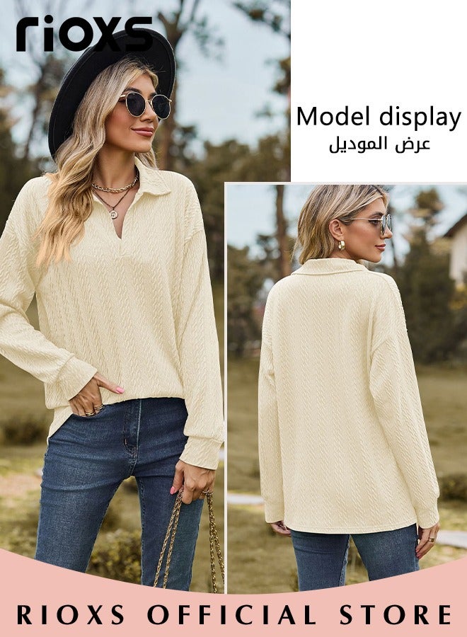 Women's V-neck Long Sleeve Fitted Shirts, Loose Casual Blouse, Knitted Solid Color Tops Soft and Comfortable Pullover Shirt, For Work or Daily Wear