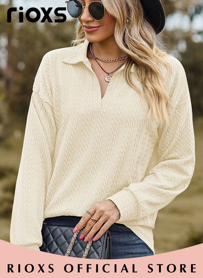 Women's V-neck Long Sleeve Fitted Shirts, Loose Casual Blouse, Knitted Solid Color Tops Soft and Comfortable Pullover Shirt, For Work or Daily Wear