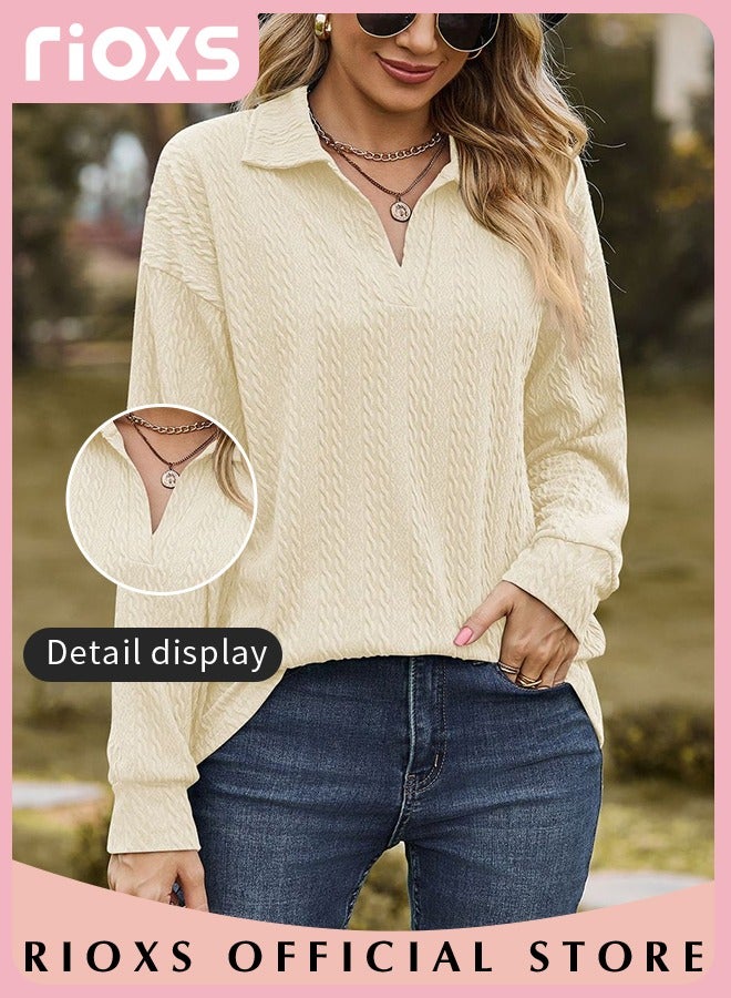 Women's V-neck Long Sleeve Fitted Shirts, Loose Casual Blouse, Knitted Solid Color Tops Soft and Comfortable Pullover Shirt, For Work or Daily Wear
