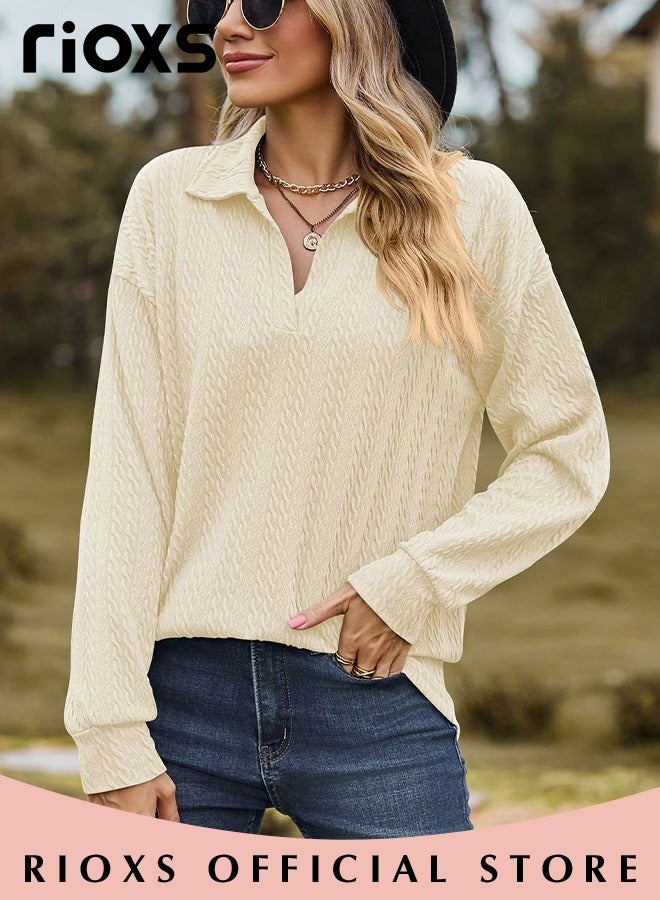 Women's V-neck Long Sleeve Fitted Shirts, Loose Casual Blouse, Knitted Solid Color Tops Soft and Comfortable Pullover Shirt, For Work or Daily Wear