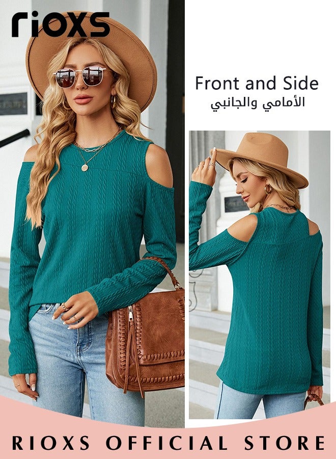 Women's Casual Long Sleeve Blouse Round Neck Off-Shoulder Pullover Shirt Soft and Comfortable Top for Fall