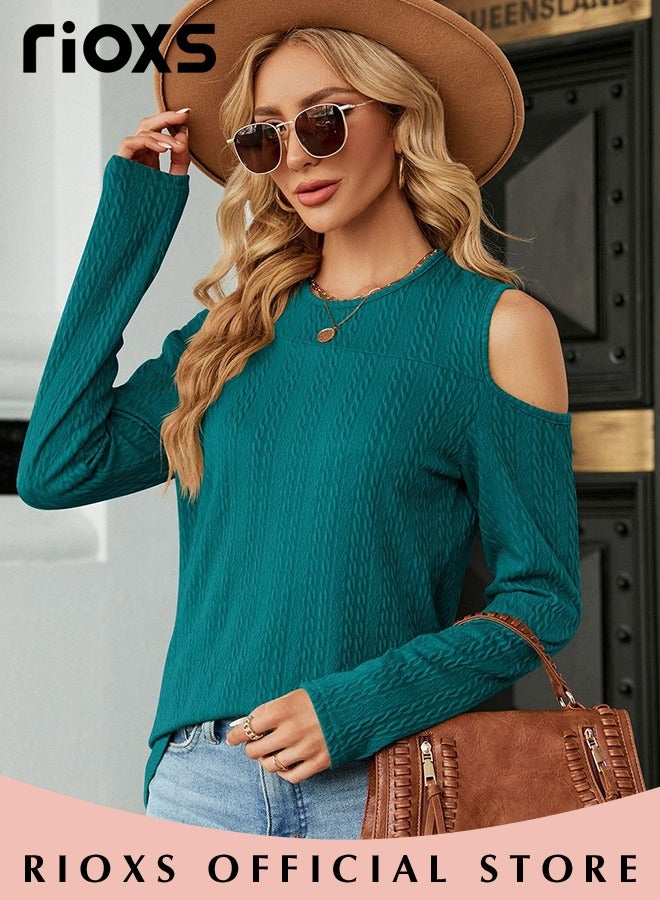 Women's Casual Long Sleeve Blouse Round Neck Off-Shoulder Pullover Shirt Soft and Comfortable Top for Fall
