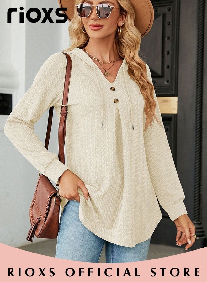 Women's V-neck Long Sleeve Shirt Knitted Loose Sleeves Fitted Solid Color Jacquard Tops Hoodie Soft and Comfortable Pullover Shirt