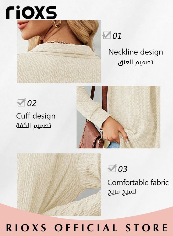 Women's V-neck Long Sleeve Shirt Knitted Loose Sleeves Fitted Solid Color Jacquard Tops Hoodie Soft and Comfortable Pullover Shirt