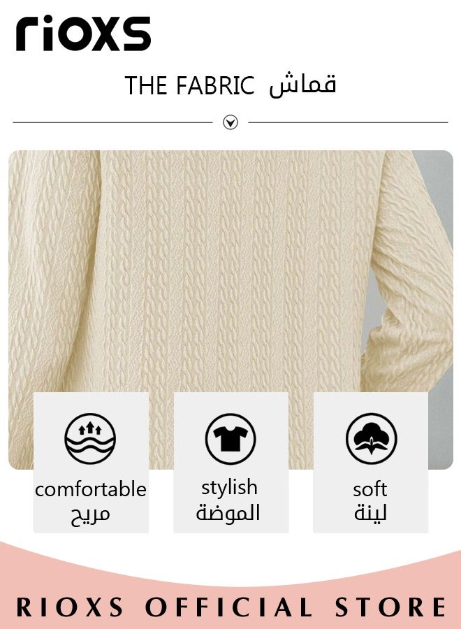 Women's V-neck Long Sleeve Shirt Knitted Loose Sleeves Fitted Solid Color Jacquard Tops Hoodie Soft and Comfortable Pullover Shirt