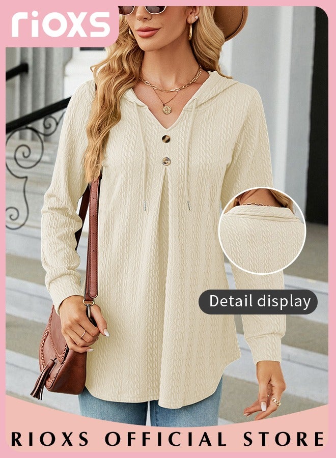 Women's V-neck Long Sleeve Shirt Knitted Loose Sleeves Fitted Solid Color Jacquard Tops Hoodie Soft and Comfortable Pullover Shirt
