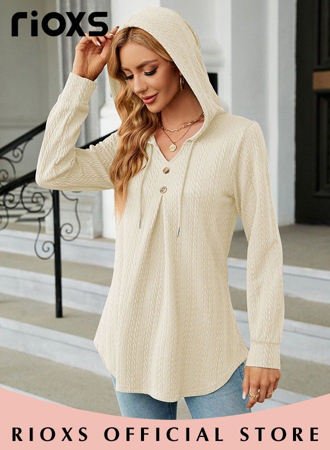 Women's V-neck Long Sleeve Shirt Knitted Loose Sleeves Fitted Solid Color Jacquard Tops Hoodie Soft and Comfortable Pullover Shirt