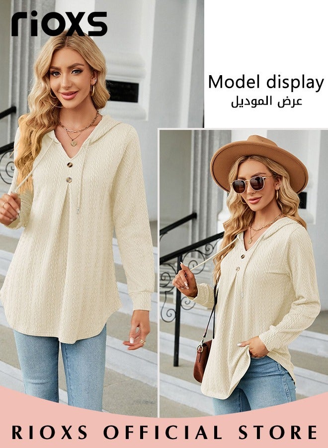 Women's V-neck Long Sleeve Shirt Knitted Loose Sleeves Fitted Solid Color Jacquard Tops Hoodie Soft and Comfortable Pullover Shirt