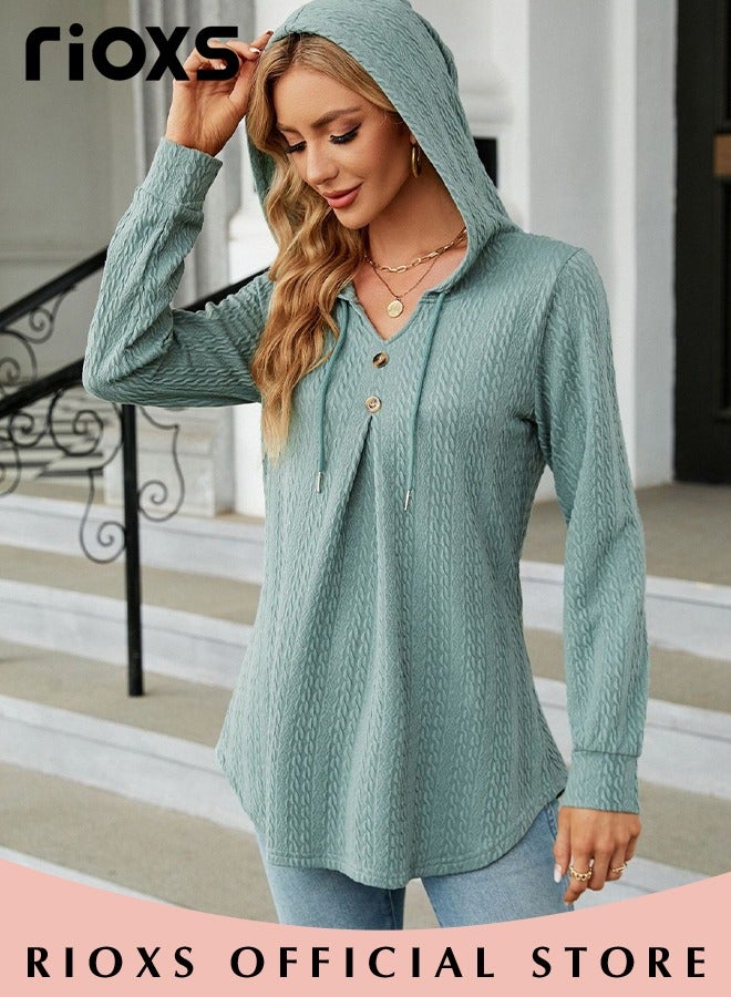 Women's Pullover Sweaters,V-neck Button Hooded Sweater,Causal Long Sleeve Knitted Tops,Solid Color Pullover Tops,Soft Comfortable Tunic Blouses,For Work/ Shopping/Daily Wear