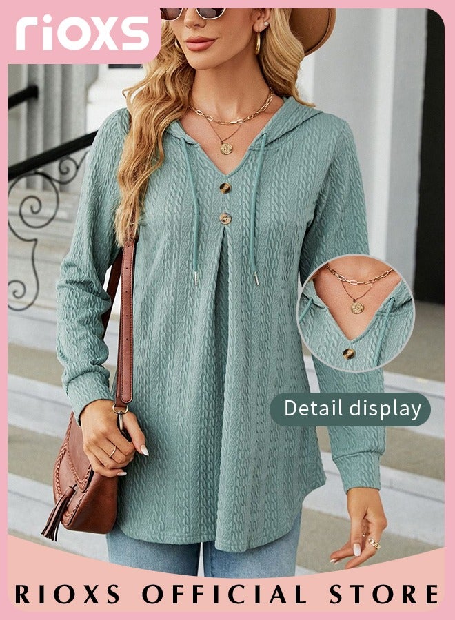 Women's Pullover Sweaters,V-neck Button Hooded Sweater,Causal Long Sleeve Knitted Tops,Solid Color Pullover Tops,Soft Comfortable Tunic Blouses,For Work/ Shopping/Daily Wear