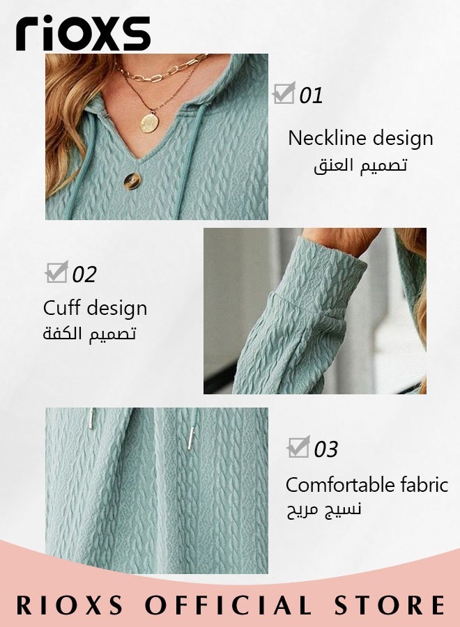 Women's Pullover Sweaters,V-neck Button Hooded Sweater,Causal Long Sleeve Knitted Tops,Solid Color Pullover Tops,Soft Comfortable Tunic Blouses,For Work/ Shopping/Daily Wear