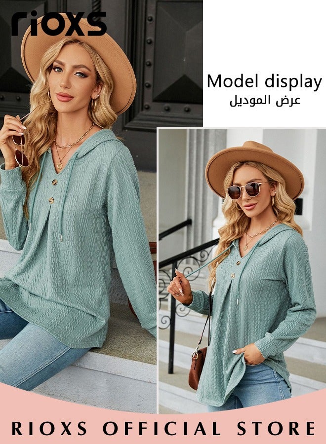 Women's Pullover Sweaters,V-neck Button Hooded Sweater,Causal Long Sleeve Knitted Tops,Solid Color Pullover Tops,Soft Comfortable Tunic Blouses,For Work/ Shopping/Daily Wear