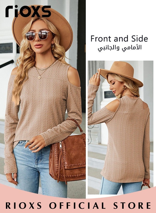 Women's Casual Long Sleeve Blouse Round Neck Off-Shoulder Pullover Shirt Soft and Comfortable Top for Fall